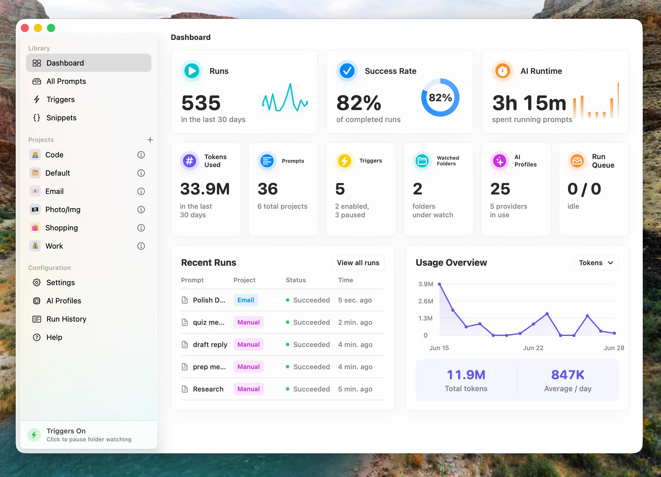 Zyla dashboard showing runs, success rate, AI runtime, and usage