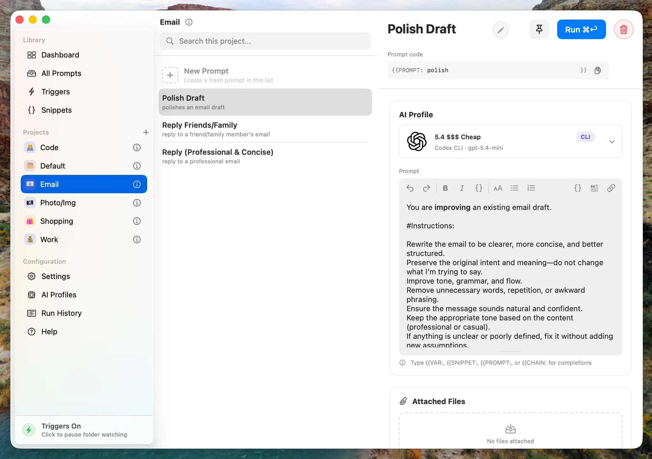 Prompt workspace screen in the Zyla app