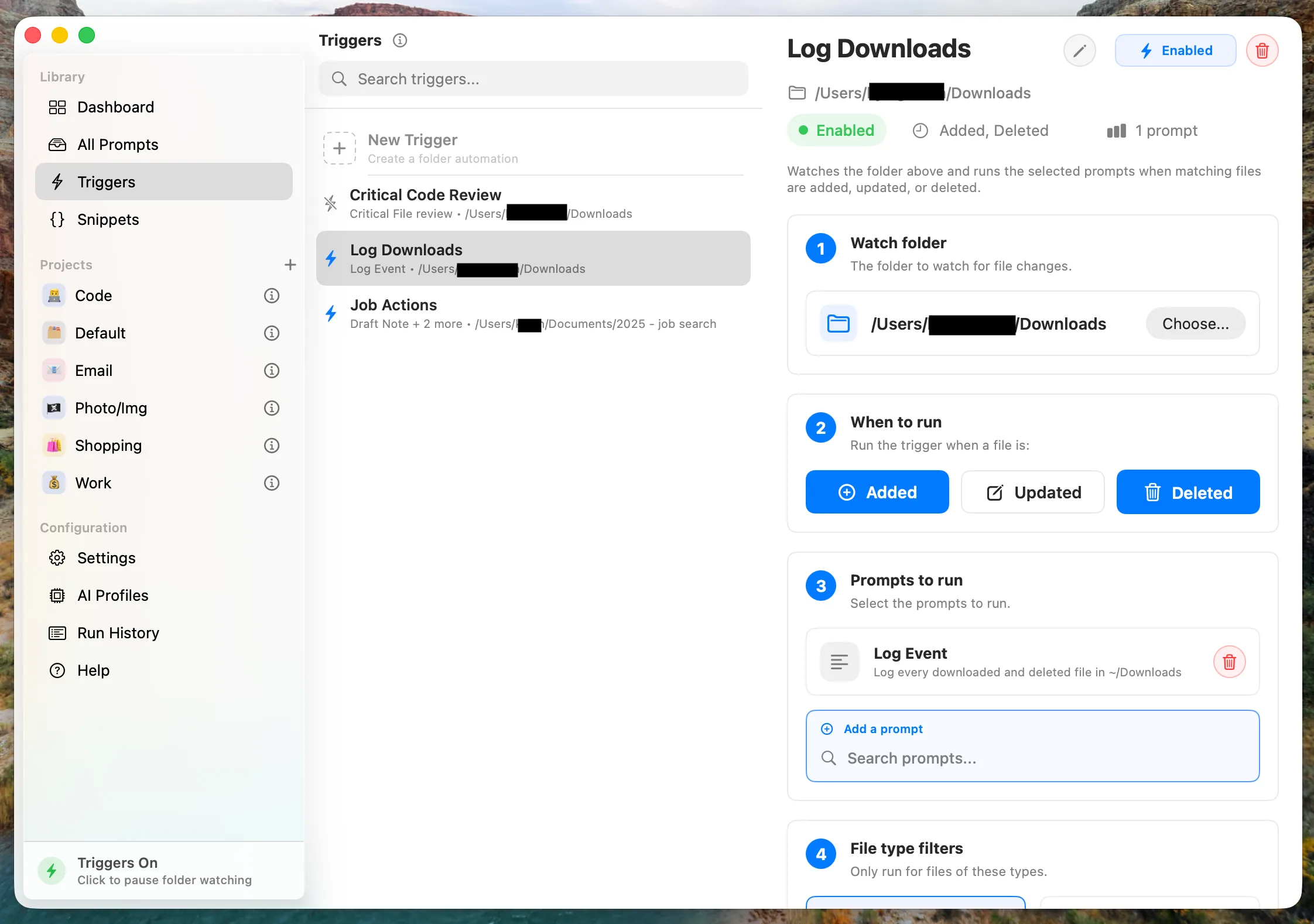 Triggers screen in the Zyla app